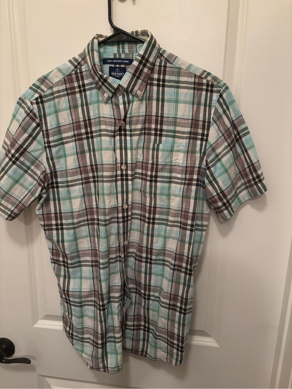 Old Navy Men's Short-Sleeve Plaid Button-Down Shirt - Aqua/White/Brown